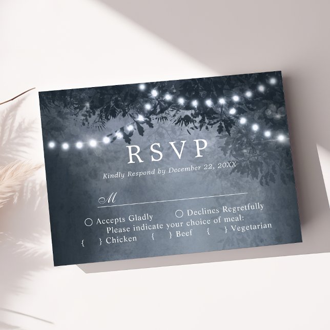 Navy Blue Rustic Tree Lights Wedding RSVP Card (Creator Uploaded)