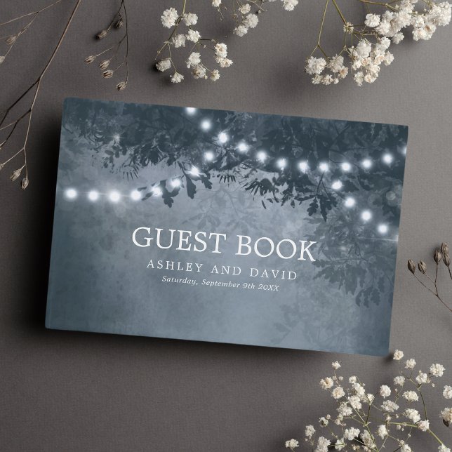 Navy Blue Rustic Tree String Lights Wedding Guest Book (Creator Uploaded)