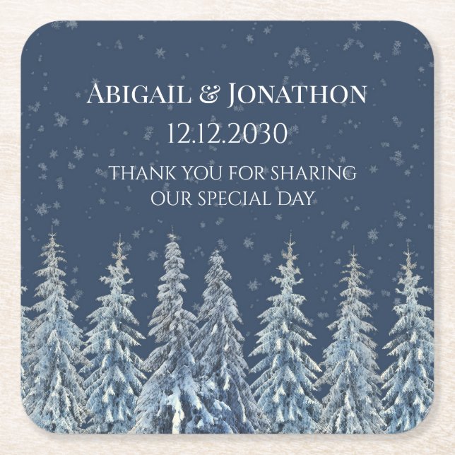 Navy Blue Rustic Winter Forest Wedding Square Paper Coaster (Front)