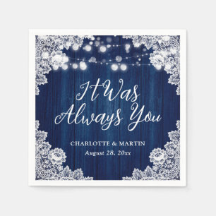 Navy Blue Rustic Wood Floral Lace Wedding Napkin