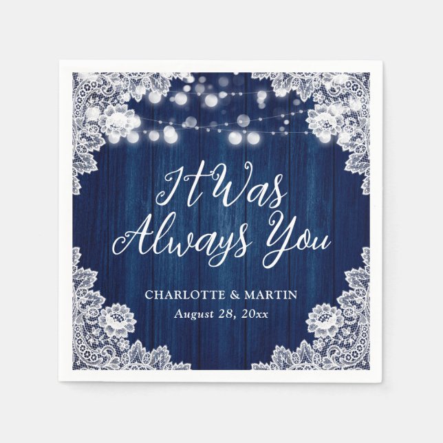 Navy Blue Rustic Wood Floral Lace Wedding Napkin (Front)