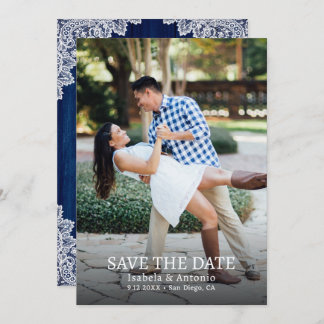 Navy Blue Rustic Wood Floral Lace Wedding Photo Save The Date