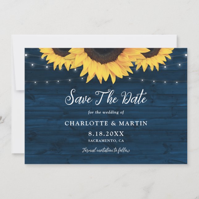 Navy Blue Rustic Wood Hearts Sunflower Wedding Save The Date (Front)