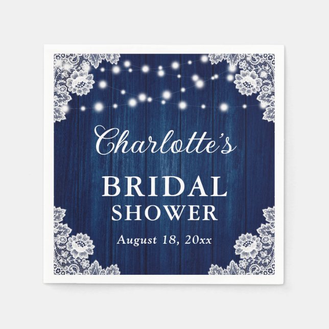 Navy Blue Rustic Wood Lace Bridal Shower Napkin (Front)