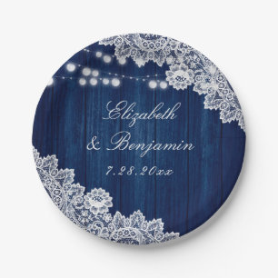 Navy Blue Rustic Wood Lace String Lights Paper Plate