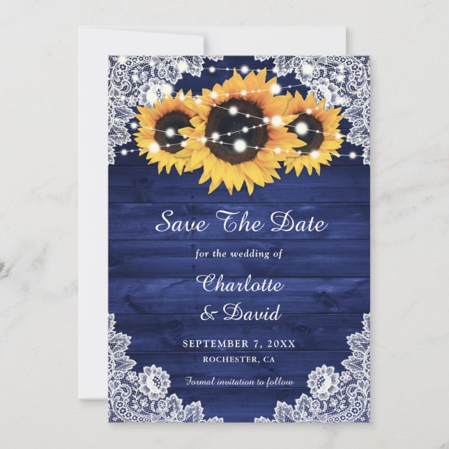Navy Blue Rustic Wood Lace String Lights Sunflower Save The Date (Front)