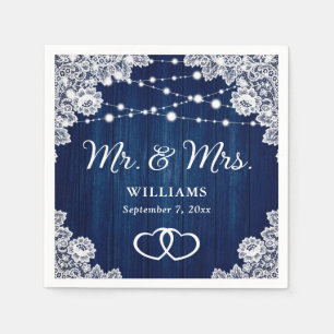 Navy Blue Rustic Wood Lace String Lights Wedding Napkin