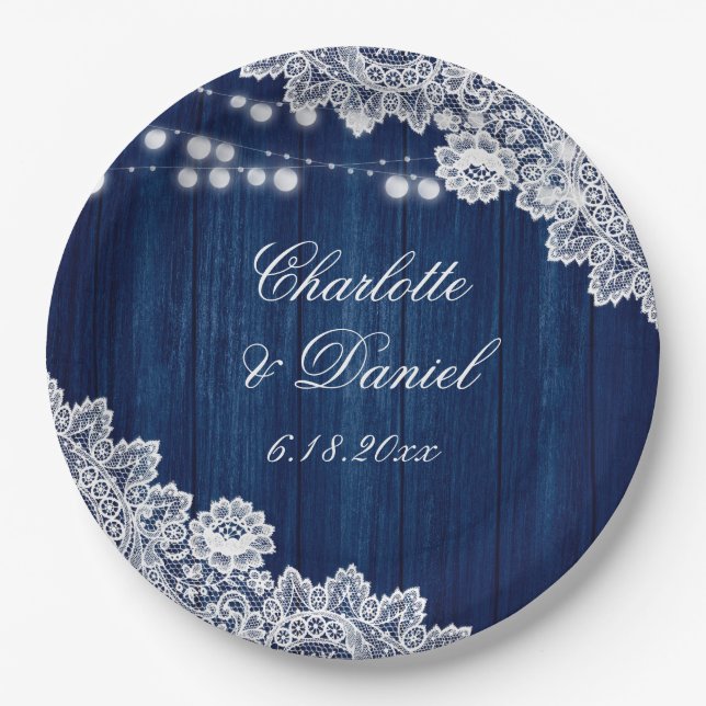 Navy Blue Rustic Wood Lace String Lights Wedding Paper Plate (Front)