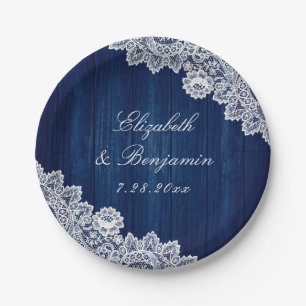 Navy Blue Rustic Wood Lace String Lights Wedding Paper Plate