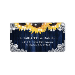 Navy Blue Rustic Wood Lace Sunflower Address Label