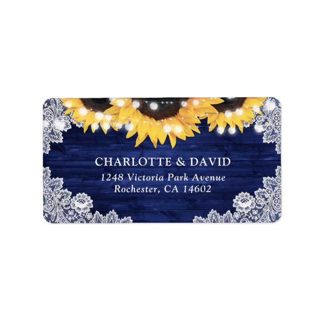 Navy Blue Rustic Wood Lace Sunflower Address Label (Front)