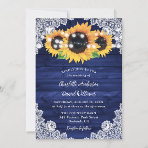 Navy Blue Rustic Wood Lace Sunflower Wedding Invitation