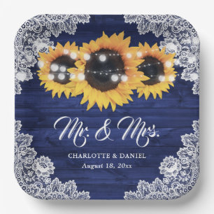 Navy Blue Rustic Wood Lace Sunflower Wedding Paper Plate