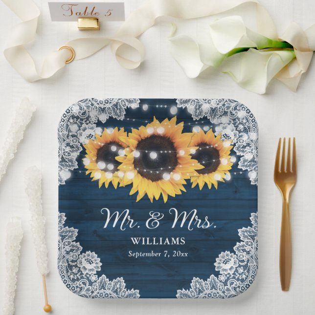 Navy Blue Rustic Wood Lace Sunflower Wedding Paper Plate (Wedding)