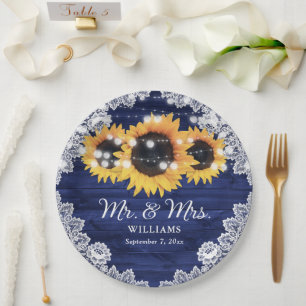 Navy Blue Rustic Wood Lace Sunflower Wedding Paper Plate