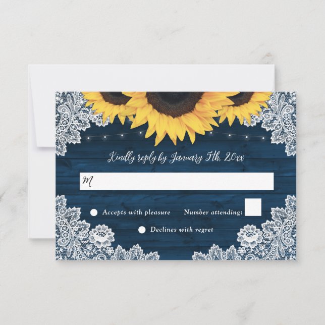 Navy Blue Rustic Wood Lace Sunflower Wedding RSVP (Front)