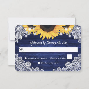 Navy Blue Rustic Wood Lace Sunflower Wedding RSVP Card