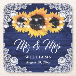 Navy Blue Rustic Wood Lace Sunflower Wedding Square Paper Coaster