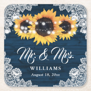 Navy Blue Rustic Wood Lace Sunflower Wedding Square Paper Coaster