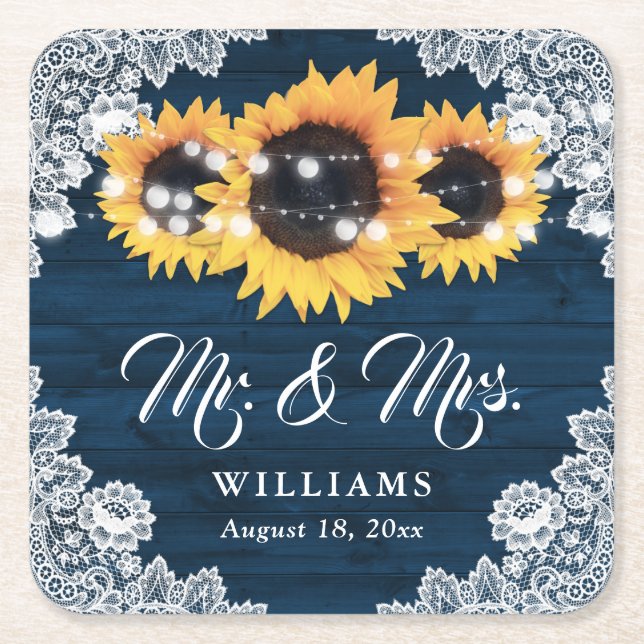 Navy Blue Rustic Wood Lace Sunflower Wedding Square Paper Coaster (Front)