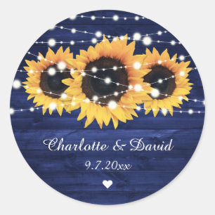 Navy Blue Rustic Wood Lights Sunflower Wedding Classic Round Sticker
