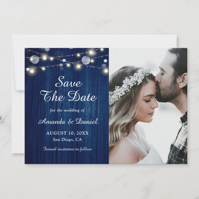 Navy Blue Rustic Wood Lights Wedding Save The Date Announcement (Front)