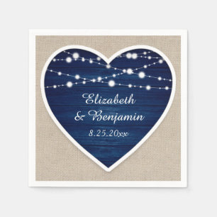 Navy Blue Rustic Wood String Lights Burlap Wedding Napkin