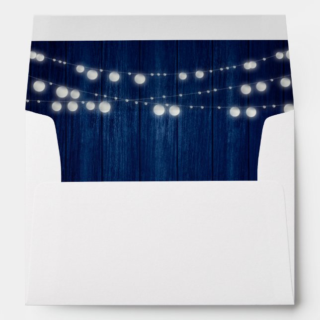 Navy Blue Rustic Wood String Lights Wedding Envelope (Back (Bottom))