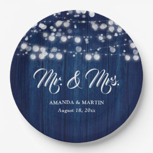 Navy Blue Rustic Wood String Lights Wedding Paper Plate