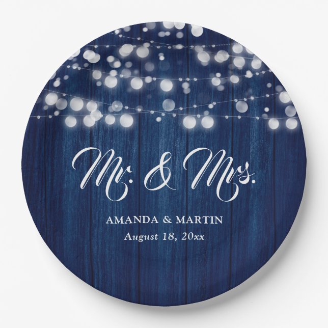 Navy Blue Rustic Wood String Lights Wedding Paper Plate (Front)