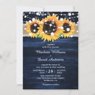 Navy Blue Rustic Wood Sunflower Wedding Invitation