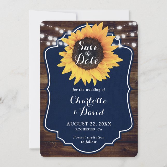 Navy Blue Rustic Wood Sunflower Wedding Save The Date (Front)