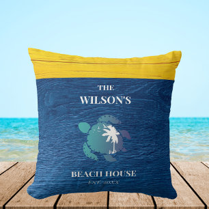 Navy Blue Rustic Wood Turtle Family Beach House Cushion