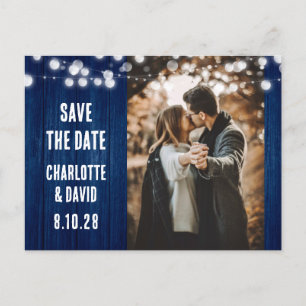 Navy Blue Rustic Wood Wedding Photo Save The Date Announcement Postcard