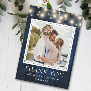 Navy Blue Rustic Wood Wedding Photo Thank You Card