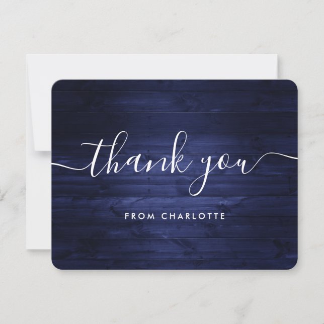 Navy Blue Rustic Wood Wedding Shower Birthday Thank You Card (Front)
