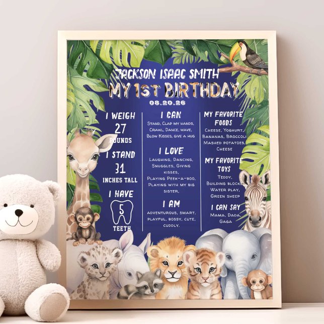 Navy Blue Safari Jungle Animals 1st Milestone  Photo Print (Navy Blue, Boy 1st birthday Safari Animals milestone birthday stat poster.)
