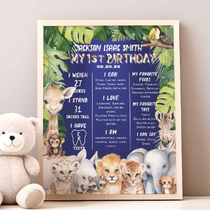Navy Blue Safari Jungle Animals 1st Milestone  Photo Print