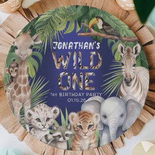 Navy blue safari themed wild one 1st birthday paper plate