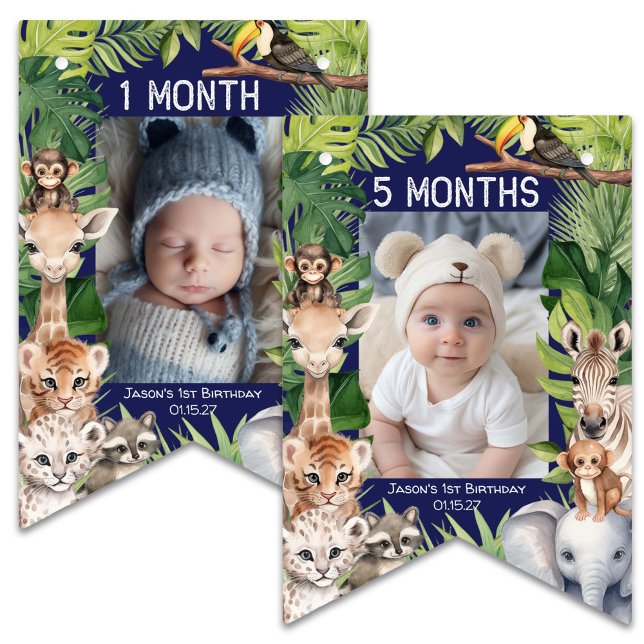 Navy Blue Safari Wild One 1st Birthday Monthly Pho Bunting (Navy Blue , Wild One Safari Themed, Jungle Animals 1st birthday Monthly Photo Bunting Banner.)