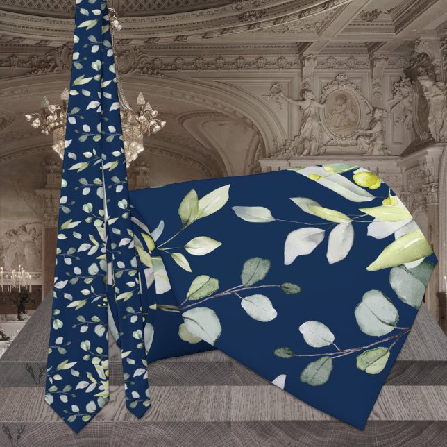 Navy Blue Sage Green Eucalyptus Wedding Tie (Creator Uploaded)