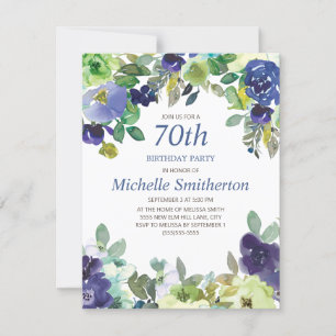 Navy Blue Sage Green Floral 70th Birthday Party Card