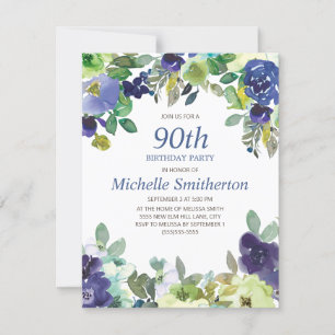 Navy Blue Sage Green Floral 90th Birthday Party Card