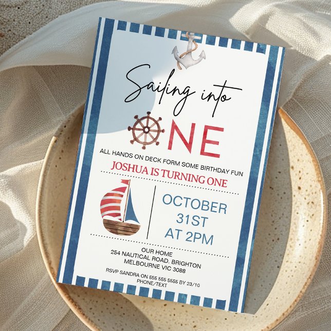 Navy Blue Sailboat Sailing into One 1st Birthday  Invitation (Navy Blue and Red Sailing into One First Birthday Invitation Nautical Sailing into One 1st Birthday)