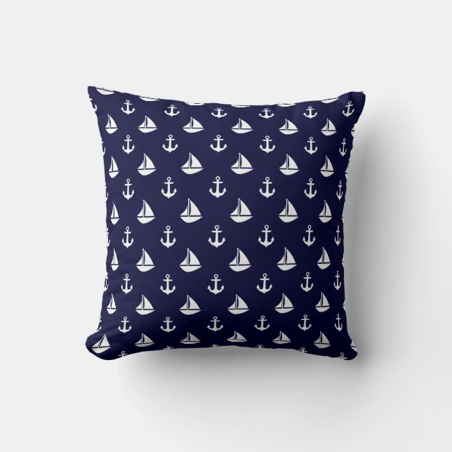 Navy Blue Sailboats and Anchors Pattern Cushion (Front)