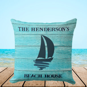 Navy Blue Sailing Boat Family Name Beach House Cushion
