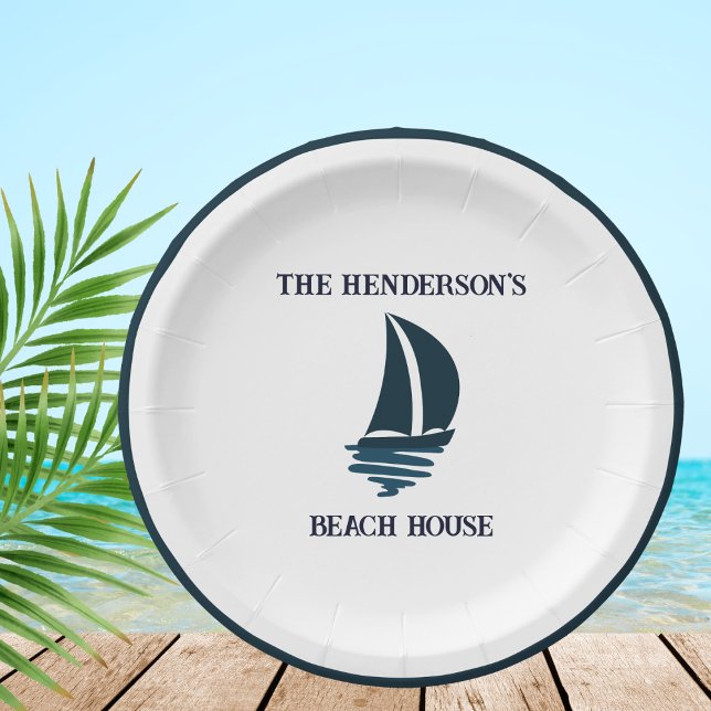 Navy Blue Sailing Boat Nautical Beach House Party Paper Plate (Creator Uploaded)