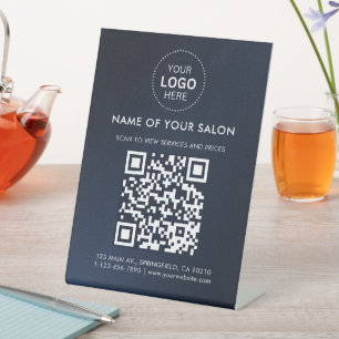 Navy-Blue Salon Business QR Code and Logo Pedestal Sign