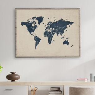 Navy Blue Sand Beige World Map Poster