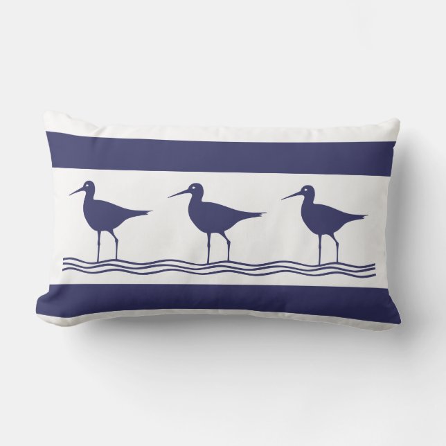 navy BLUE SAND PIPER white  PILLOW coastal (Front)